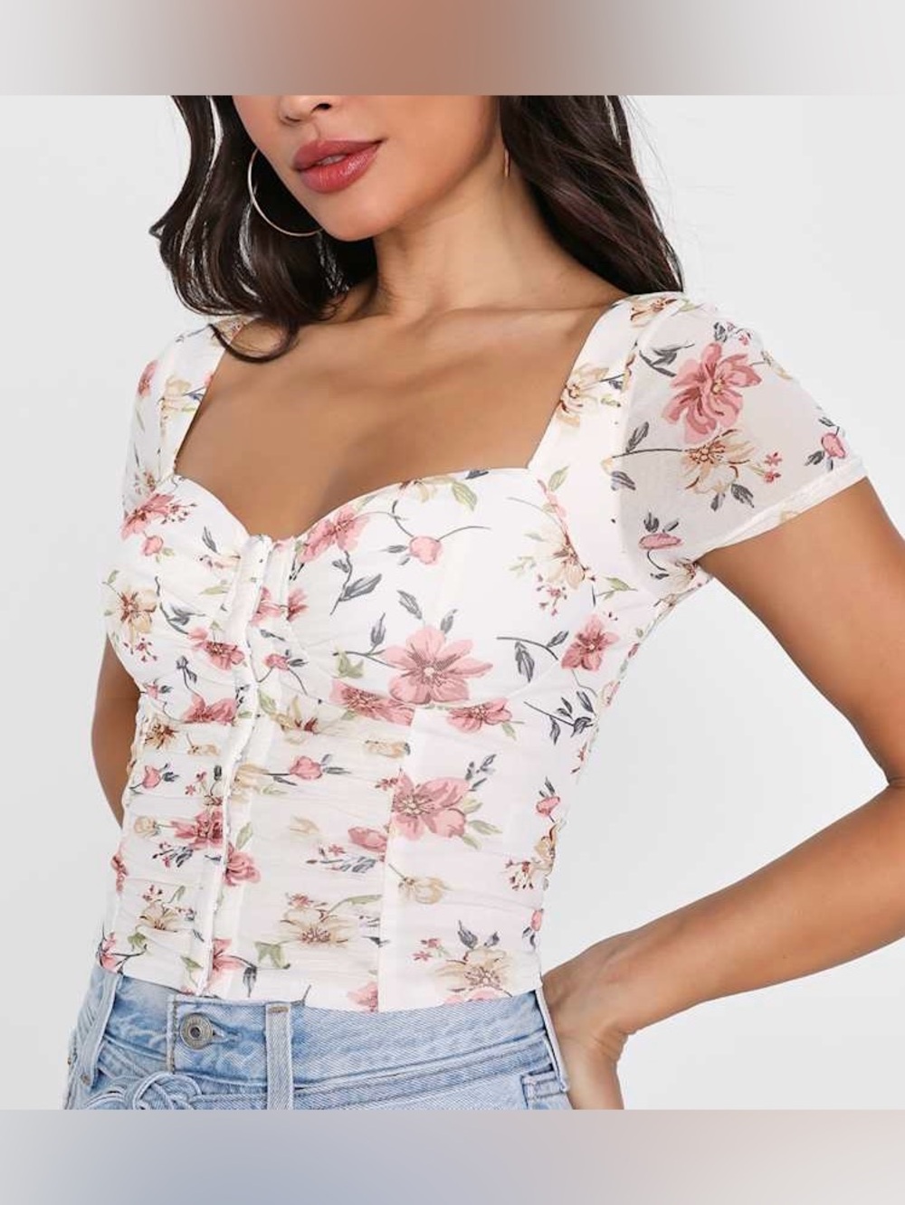 Lulu's White Floral Sweetheart Neckline Blouse